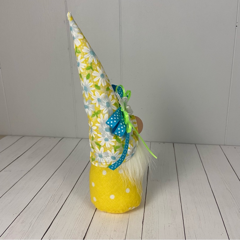 SOLD 🚫 Spring Summer Gnome Daisy Print Yellow Polka Dot Multicolor Bow - Picture 8 of 11
